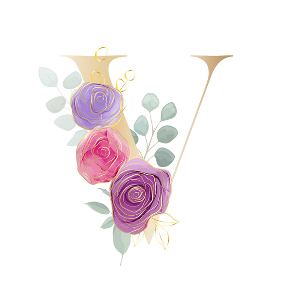 Floral Alphabet. Set letters with the botanical bouquet. Vector illustration. - Vecteur, image