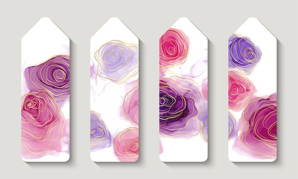 Bookmarks. Modern creative design,  background marble texture with flowers. Alcohol ink. Bookstore label or flyer.  Vector illustration. - Vecteur, image
