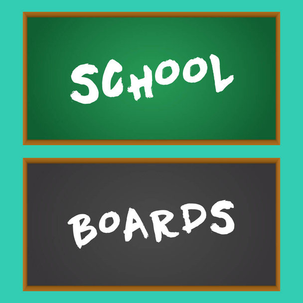 Chalkboard set, realistic black and green chalkboard in a wooden frame on a turquoise background, for school or menu design - ベクター画像