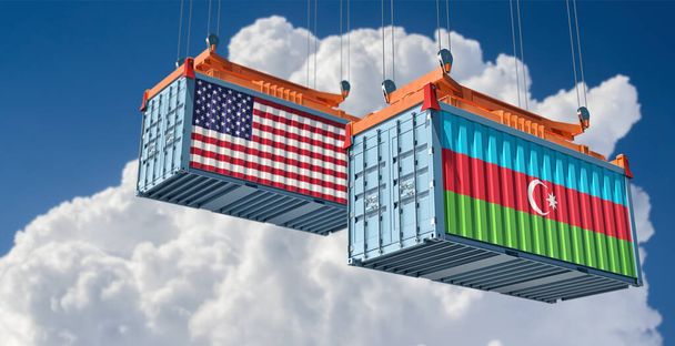 Vrachtcontainers met Amerikaanse en Azerbeidzjaanse nationale vlaggen. 3D-weergave - Foto, afbeelding