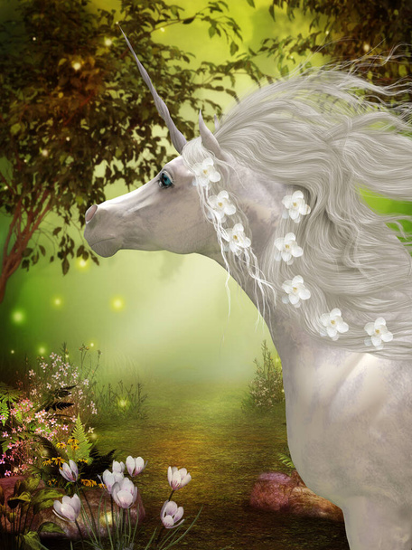 De Eenhoorn is een gehoornde witte paard schepsel van folklore en legende die leeft in een magisch bos. - Foto, afbeelding