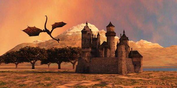 Egy félelmetes sárkány támad egy középkori európai kastélyra.. - Fotó, kép