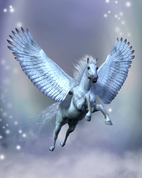 Legendary white Pegasus flies among stars and fluffy clouds on sturdy wings. - 写真・画像