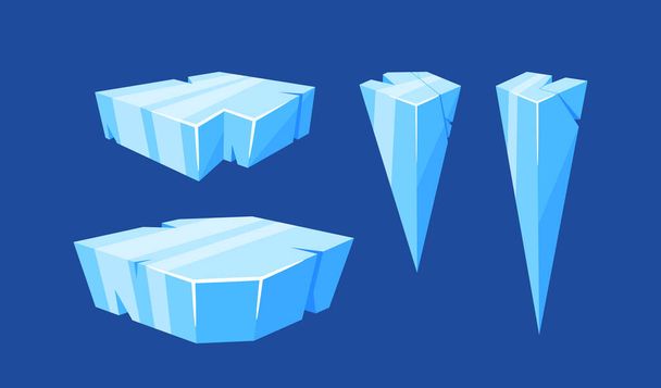 Set of Ice Cubes And Crystals, Blue Frozen Blocks, Stalactites, Icicles, Iceberg, Iced Floes Or Cave Stalagmites. Floating Cap Snowdrifts, Winter Ice Or Glass Elements. Cartoon Vector Illustration - Διάνυσμα, εικόνα