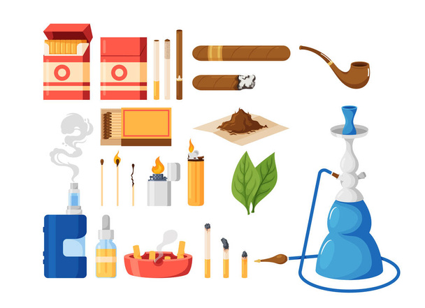 Set of Tobacco or Nicotine Products and Smoking Items. Cigarette Package, Ashtray, Cigar, Hookah And Tobacco Leaves. Vape, Matches, Lighter and Pipe Isolated On White Background Cartoon Vector Icons - Vector, imagen