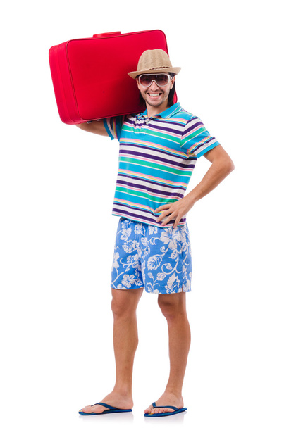 Человек путешествует с чемоданами изолированы на белом - Фото, изображение