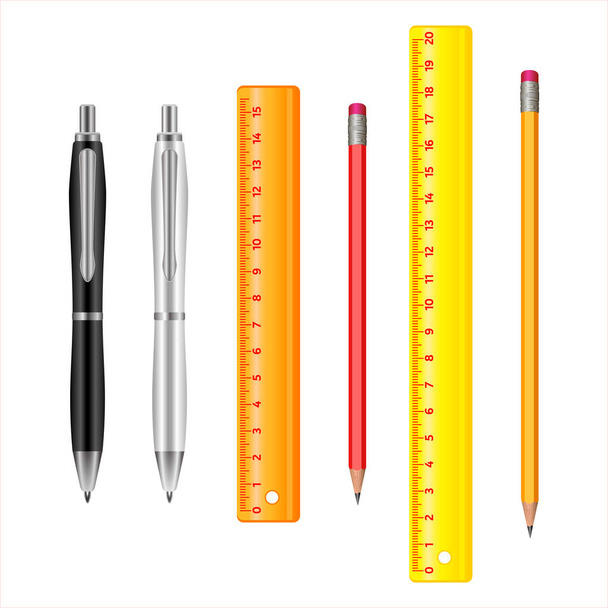Pencils, pens and rulers isolated on white background. Collection of stationery. For educational, business concepts. Realistic  vector illustration with school supplies. - Vektör, Görsel