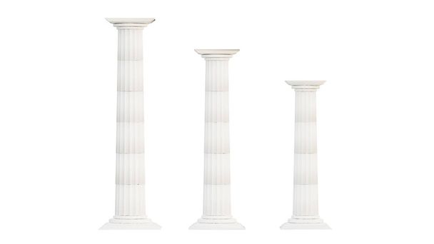 Three antique columns white color, of different sizes. Isolated on white background. 3D rendering. Place for text. Copy space. Presentation of cosmetics, product. Background, advertising, wallpaper. - Fotó, kép