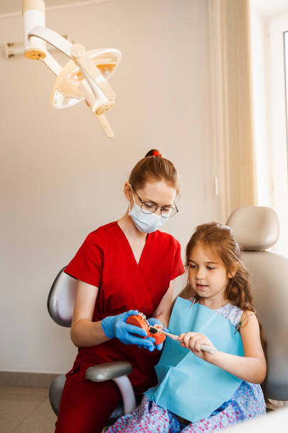 Dentist shows child how to properly use toothbrush for brush teeth. Jaw anatomical model teeth brushing. Pediatric dentist teaching oral hygiene lesson for kids in dentistry - Foto, imagen