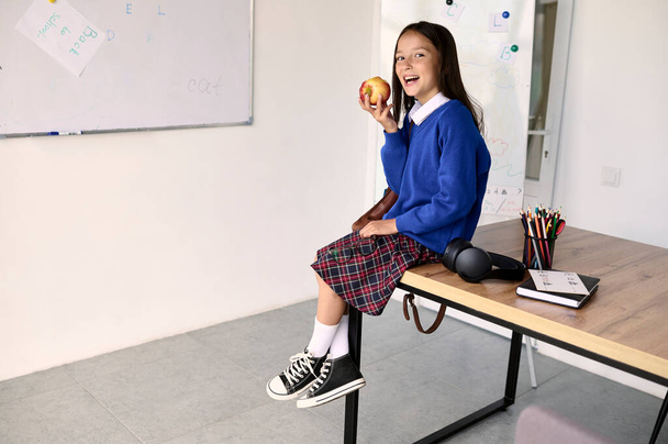A portrait of a little schoolgirl in the classroom - Photo, Image