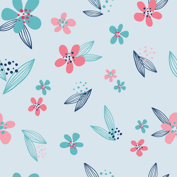 Modern floral seamless pattern vector illustration. Pink, turquoise and navy blue flowers and leaves on grey background. Elegant, modern, minimal. Great for scrapbook paper, fabric, textiles. - Vektor, Bild