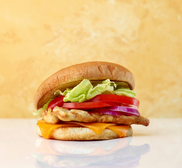 freshly baked burger on yellow background - Fotó, kép