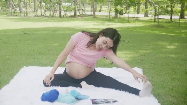 Happiness young asian woman pregnant sitting doing sport exercise with stretch hands muscle for health care at park, mother practicing yoga for leisure in the garden, activity for pregnancy concept. - 映像、動画