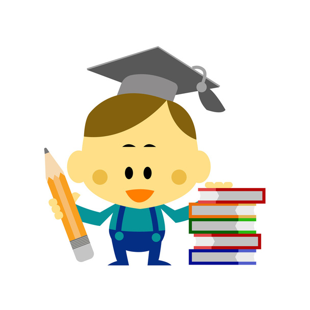 Cartoon Vector The Boy Wear a Mortar Board standing side pile many books - Vector, Image