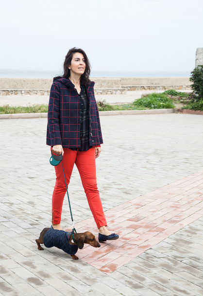 Women walking around town with dachshund dog - Foto, Imagen