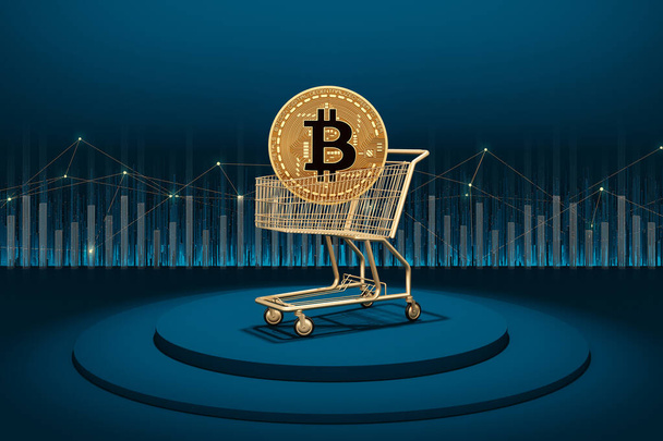 Bitcoin gold and gold cart on display podium trade money exchange chart network city dark blue background. Virtual cryptocurrency concept. Financial business and risky investments. 3D Illustration. - Foto, Bild