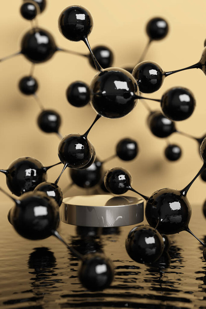atom molecule particle black biology chemistry advertisement cosmetic science technology product display podium laboratory research experiment. Natural energy crude oil or petroleum. 3D illustration. - Foto, Imagem