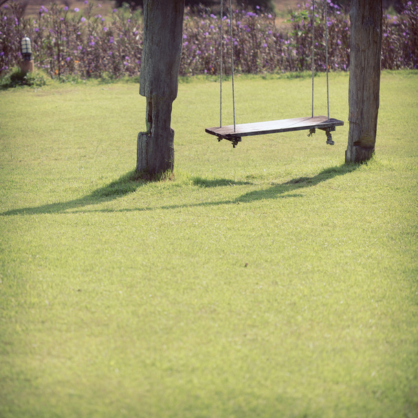 playground swing made wood hanging in green grass field - Photo, Image