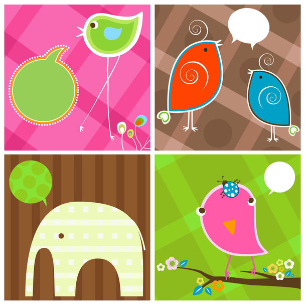 cute birds and elephant with bubbles speech - Vector, Imagen
