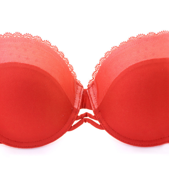 Close up of red silk satin bra, isolate on white background - Photo, Image