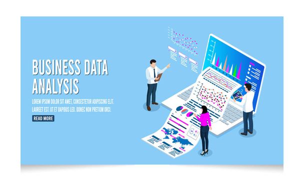 Modern 3d isometric design concept of Business Data Analysis with business people team working with Data Visualization for website and mobile website. Vector Illustration eps10 - Вектор,изображение