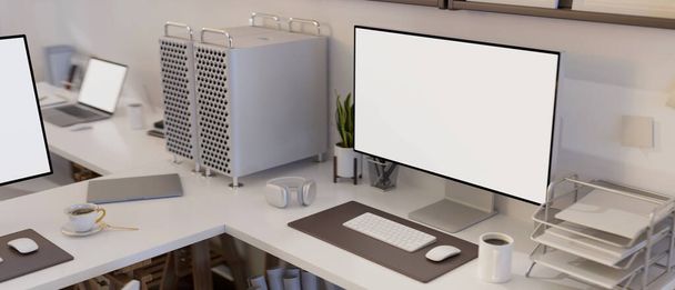 Modern office desk workspace with PC computer white screen mockup, document tray, office supplies and decors. 3d rendering, 3d illustration - Foto, imagen
