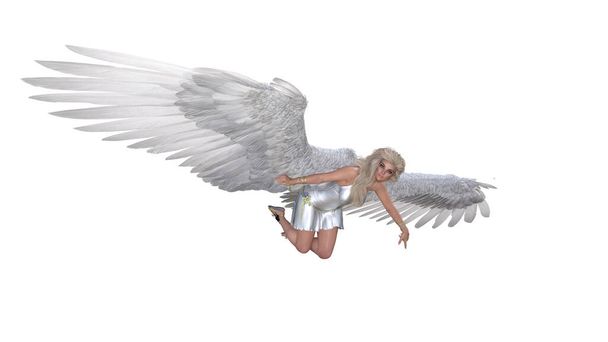 Ангел позує для ваших фотографій. Фігурка ангела з крилами в літаючих положеннях ізольована на білому тлі. 3d рендеринг. - Фото, зображення