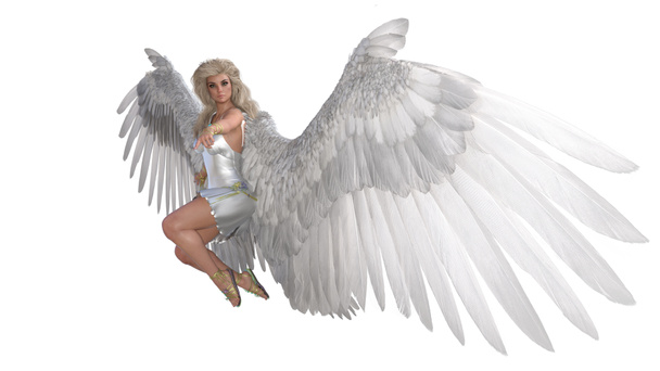 Angel poseert voor je foto 's. Engelbeeldje met vleugels in vliegende houdingen geïsoleerd op witte achtergrond. 3d weergave - illustratie. - Foto, afbeelding