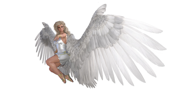 Angel pózol a képeidhez. Angyal figura szárnyak repülő pózok elszigetelt fehér háttér. 3d renderelés - illusztráció. - Fotó, kép