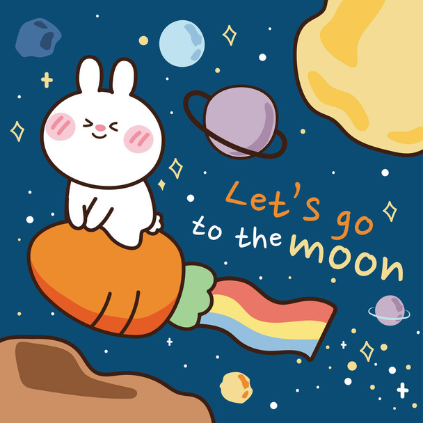 Galaxy concept.Cute rabbit ride carrot.Animal character hand drawn.Graphic design.Moon,planet,universe cartoon.Vector.Illustration.Illustrator. - Vector, imagen