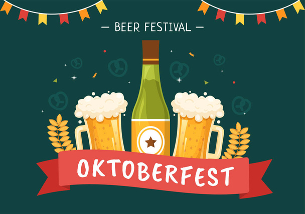Oktoberfest Festival Illustrazione del cartone animato con vetro di birra o bottiglia in tedesco tradizionale in stile piatto disegno di sfondo - Vettoriali, immagini