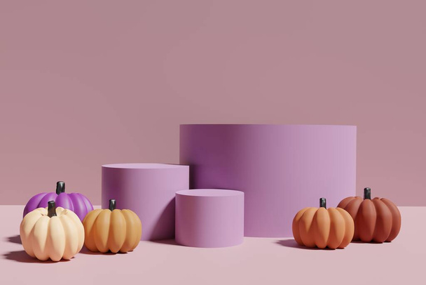 3d render of different shades of orange pumpkins with purple round podiums on a mauve background for Halloween - Foto, afbeelding