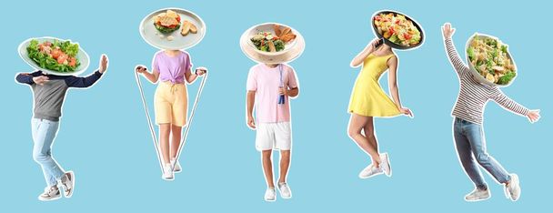 Разные люди с тарелками вкусного салата Цезарь вместо их голов на синем фоне - Фото, изображение