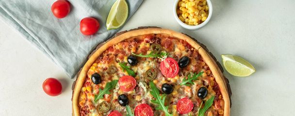 Tasty pizza on light background, top view - Photo, Image