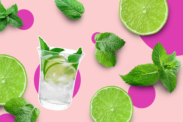 Glass of fresh Mojito and ingredients on pink background - Fotoğraf, Görsel