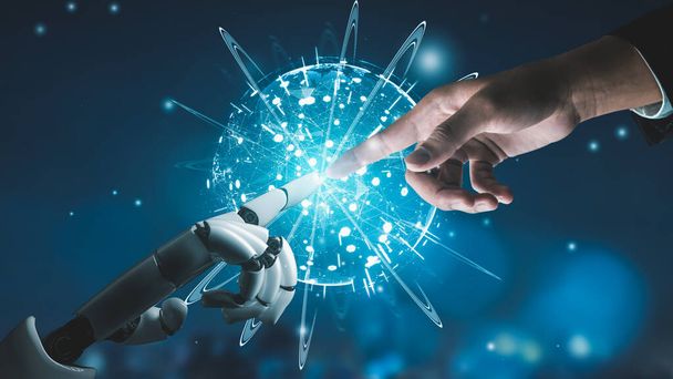 未来型ロボット人工知能革新的なAI技術開発と機械学習の概念。人間の未来のための世界的なロボット生物科学研究。3Dレンダリンググラフィック. - 写真・画像