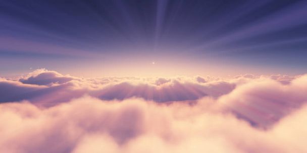 boven wolken zonsopgang zonnestraal illustratie, 3d rendering - Foto, afbeelding