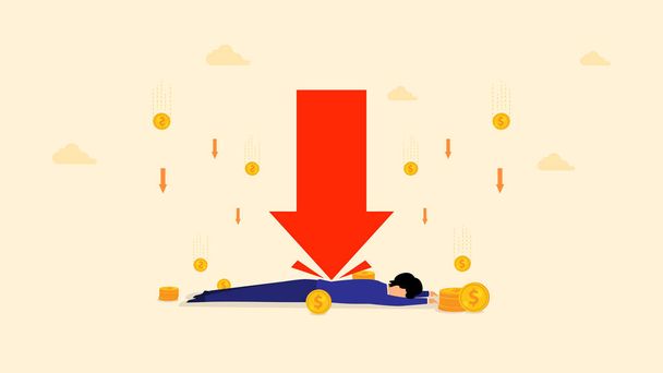 Vector economic inflation. Conceptual illustration of a depressed businessman with falling gold coin prices. - Вектор,изображение