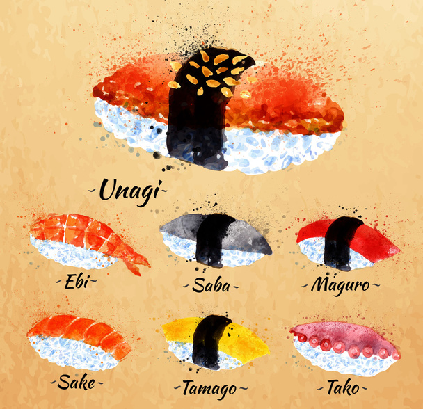 Acuarela de sushi en kraft
 - Vector, Imagen