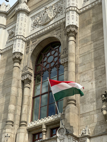 Vigado Concert Hall with the flag of Hungary. Budapest. High quality photo - Fotó, kép