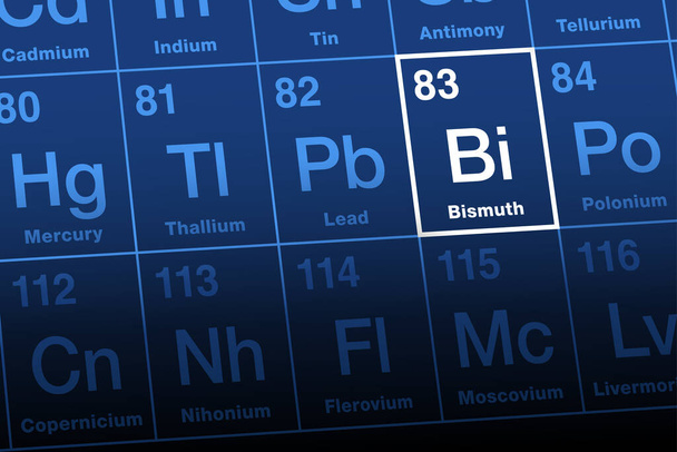 Bismuth on periodic table. Radioactive post-transition metal and chemical element with symbol Bi, possibly from the obsolete German Wismut, and with atomic number 83. Used in cosmetics and pigments. - Διάνυσμα, εικόνα