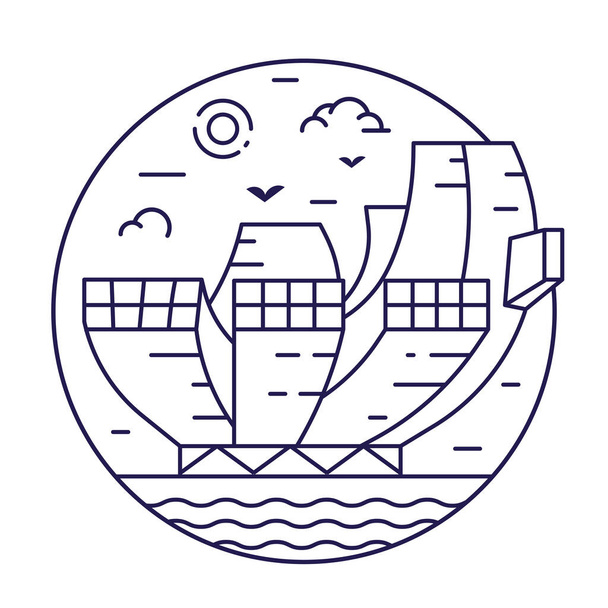 Singapore Art Science Museum inspired circle icon or emblem in line art style. Asian modern architectural landmark and famous symbol. - Vector, Image