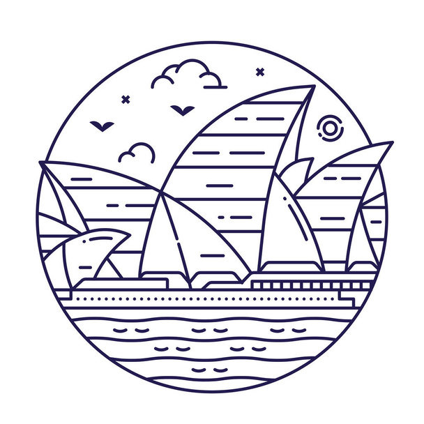 Sydney Opera House inspired circle icon or emblem in line art style. Australia architectural landmark and famous symbol. - Διάνυσμα, εικόνα