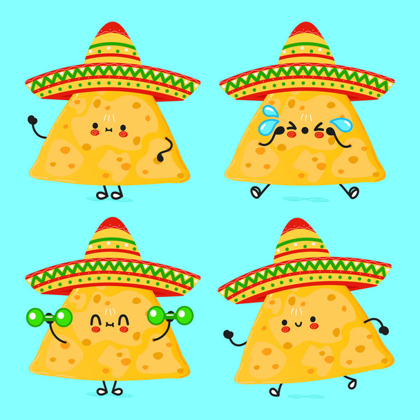 Funny cute happy nachos characters bundle set. Vector hand drawn doodle style cartoon character illustration icon design. Cute nachos mascot character collection - Vettoriali, immagini