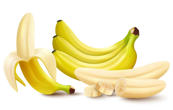 Set of 3d vector realistic illustration bananas. Banana,half peeled banana,bunch of bananas, pieces and slices of banana isolated on white background, banana icon - Photo, Image