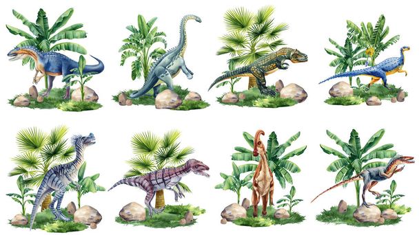Realistyczny dinozaur izolowany na białym tle. Ręcznie malowane akwarelowe dinozaury zestaw ilustracji. Wysokiej jakości ilustracja - Zdjęcie, obraz