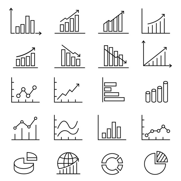 Graphs and charts thin line icons set. data elements, bar and pie, diagrams for business infographics. visualization of data statistic and analytics. isolated on white background. vector illustration - Photo, Image