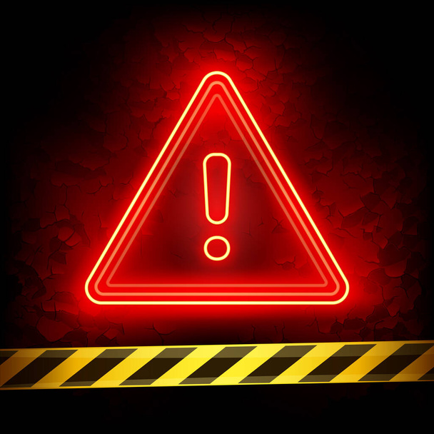 Red Neon Warning Sign on Grunge Background. Attention Label Glow On The Wall with Tape. - Vector, Imagen
