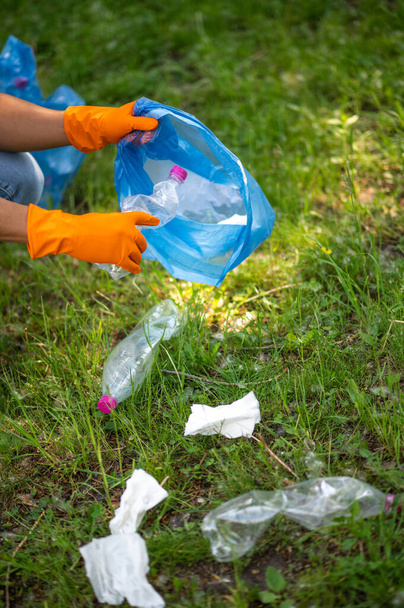 Caring for nature. Hands in gloves putting plastic garbage in bag against background of green grass in nature without face - 写真・画像