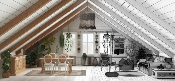 Architect interior designer concept: hand-drawn draft unfinished project that becomes real, mezzanine bohemian living and dining room in boho style with gabled ceiling - Φωτογραφία, εικόνα